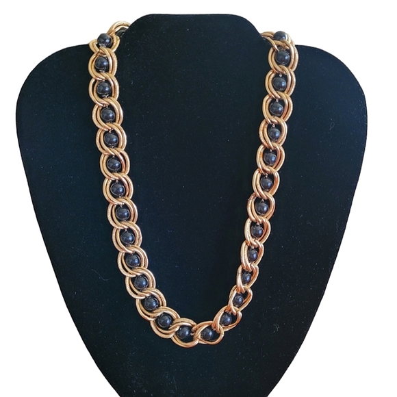 Vintage Jewelry - Vintage Black Glass Bead Gold Caged Necklace